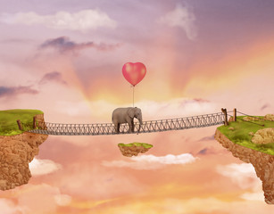 Elefant auf einer Brücke im Himmel mit Ballon. Illustration © ladybirdanna