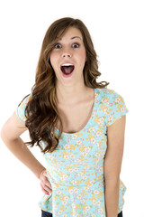 Attractive brunette female model with an astonished look and mou
