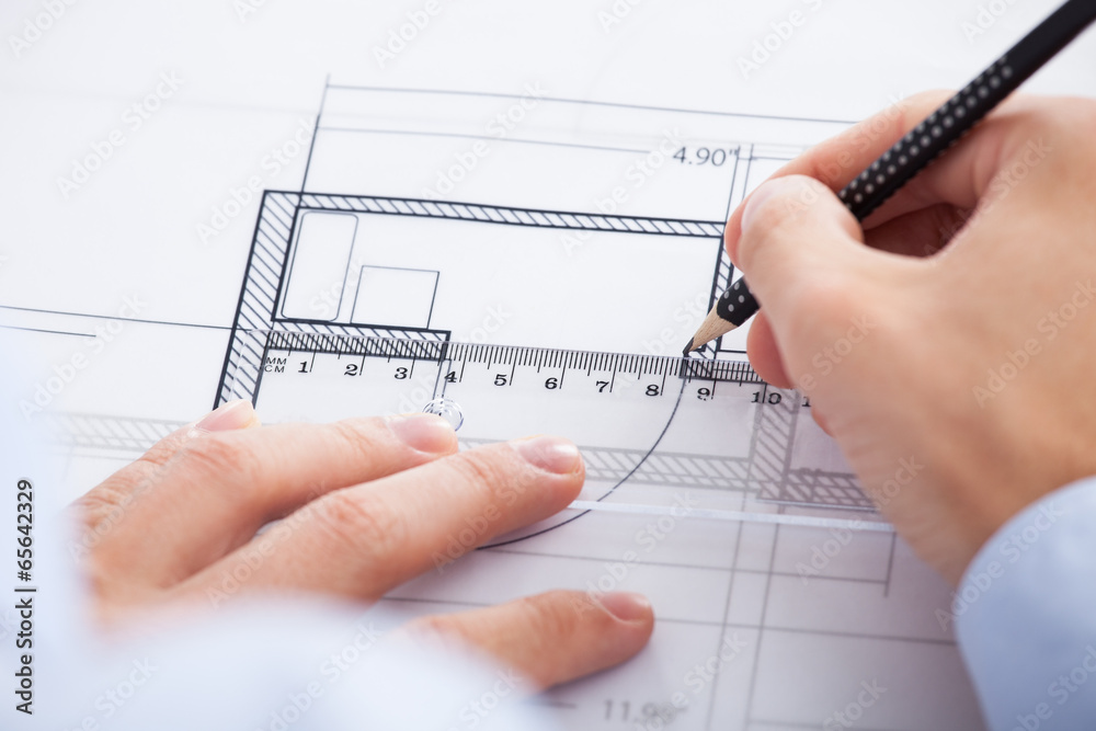 Poster Architect's Hands Using Pencil And Ruler On Blueprint