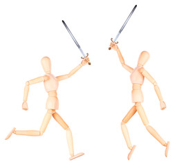 wooden Dummy holding Medieval sword isolated