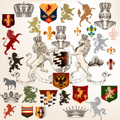 Collection of heraldic decorative elements fleur de lis, shields