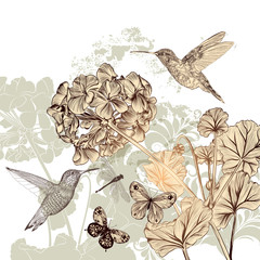 Fototapety  Floral background with flowers, birds and butterflies