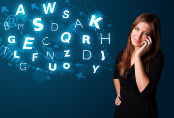 Young lady making phone call with shiny characters