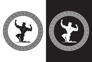 Illustration of Hercules inside a Greek Key back view - obrazy, fototapety, plakaty