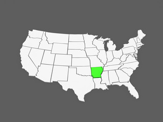 Three-dimensional map of Arkansas. USA.