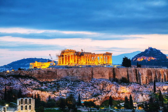Acropolis in the evening after sunset