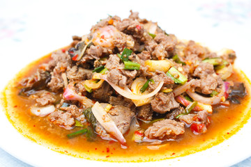 Spicy minced meat salad, Thai food.