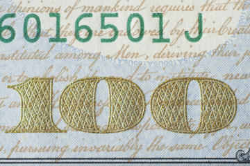 Fragment of new 100 US dollar banknote 2013 edition.