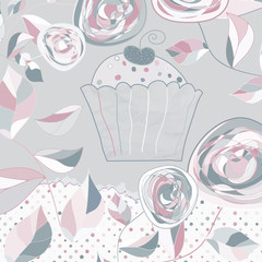 Vintage birthday card with cupcake. EPS 8