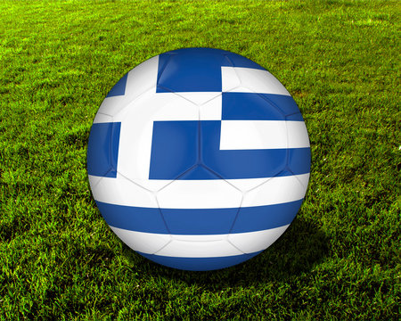 3d Greece Soccer Ball with Grass Background - isolated