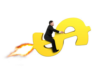 Riding on money symbol rocket in white