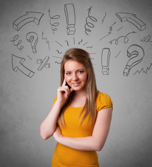 Fototapeta premium Cute young girl with question sign doodles