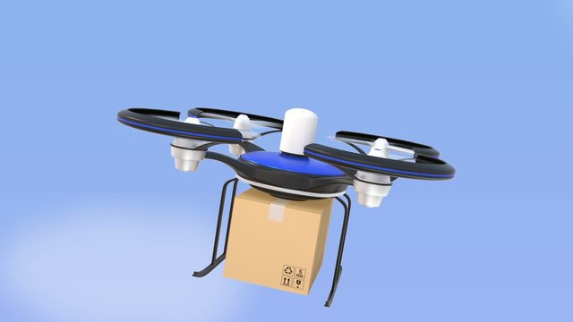 Drone carrying cardboard box in the sky