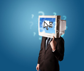 Person with a monitor head and cloud based technology on the scr