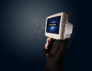 Man with a monitor head, no signal sign on the display