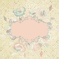 Pink roses frame on beidge polka dot. EPS 8