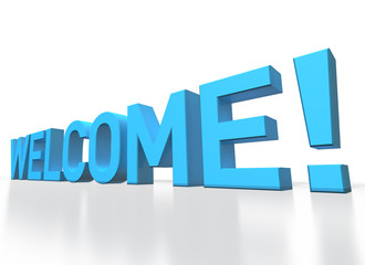3d rendering of Welcome blue glossy text on white background
