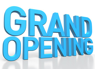 3d rendering of Grand Opening blue glossy text on white backgrou