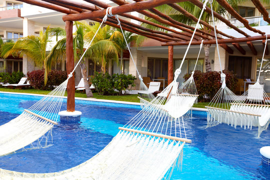 Swimming pool and hammock.