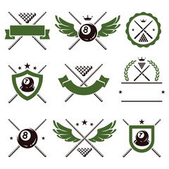 Billiards and snooker labels and icons set. Vector