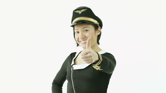 air hostess isolated on white with thumbs up