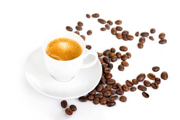 Coffee cup and coffee beans on a white background