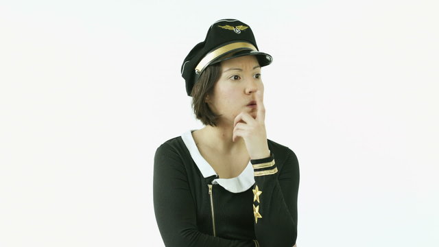 air hostess isolated on white thinking scratching head