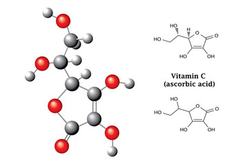 Model and  chemical formulas of ascorbic acid (vitamin C, E300)