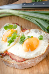 Fresh bread with eggs and ham