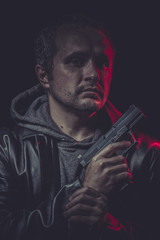 Danger, Assassin, man with black coat and gun