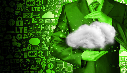 Cloud computing concept, close up of young businessman