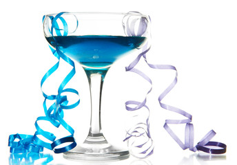 Glass of cocktail and streamer after party isolated on white