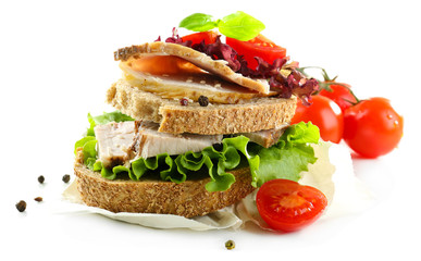 Delicious sandwiches with meet isolated on white