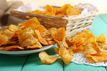 Homemade potato chips, close up