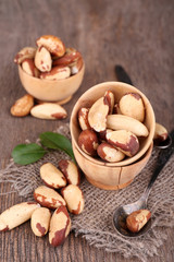 Tasty brasil nuts on wooden background