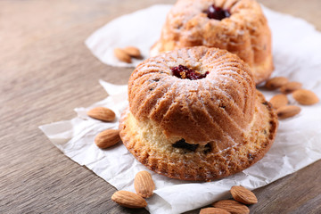 Tasty cakes on table close-up