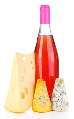 Pink wine and different kinds of cheese isolated on white