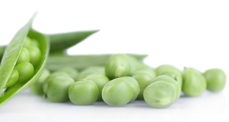 Fresh green peas isolated on white background