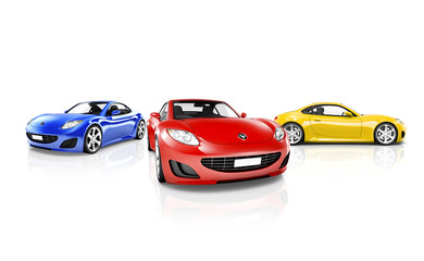 Studio Shot of Red Blue and Yellow Sports Cars