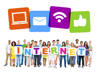 Multi-Ethnic Group Of People Holding Alphabet To Form Internet