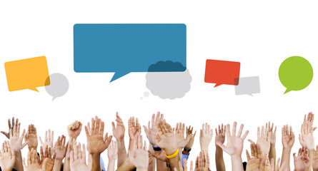 Multiethnic Hands Raised with Speech Bubbles