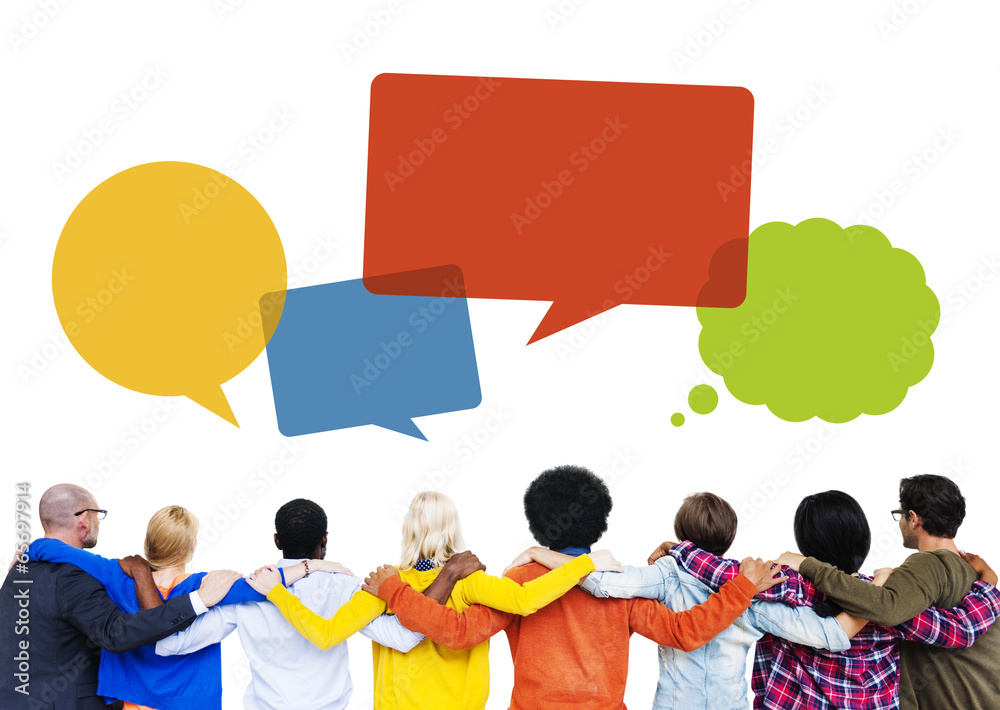Wall mural group of people hands on shoulders and speech bubbles - Wall murals