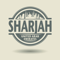 Stamp or label with text Sharjah, United Arab Emirates inside