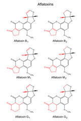 Structural chemical formulas of aflatoxins (B, M, G)