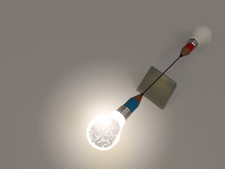 3d metal human brain inside false balance of pencil lightbulb as