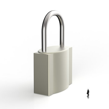 businessman looking to 3d metal padlock as security concept
