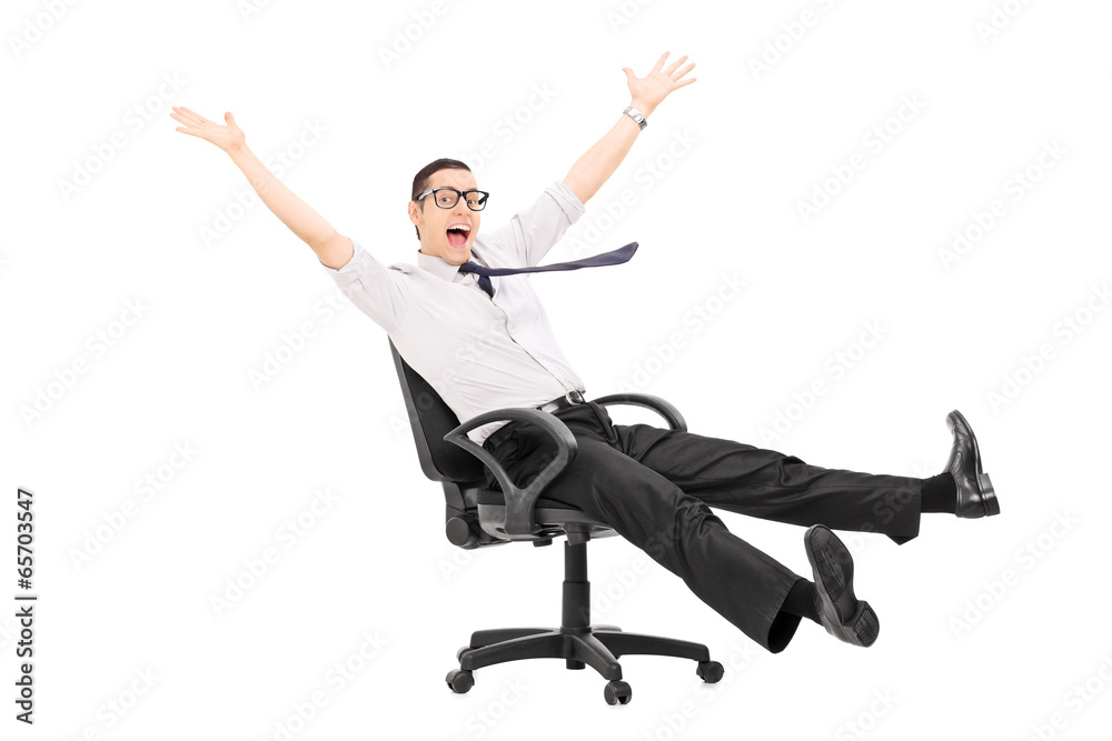 Poster man riding in an office chair and gesturing joy