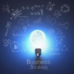 3d metal brain inside light bulb and drawing business strategy a
