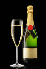 Glass and bottle of champagne