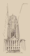 skyscraper, city engraving vector illustration, hand drawn